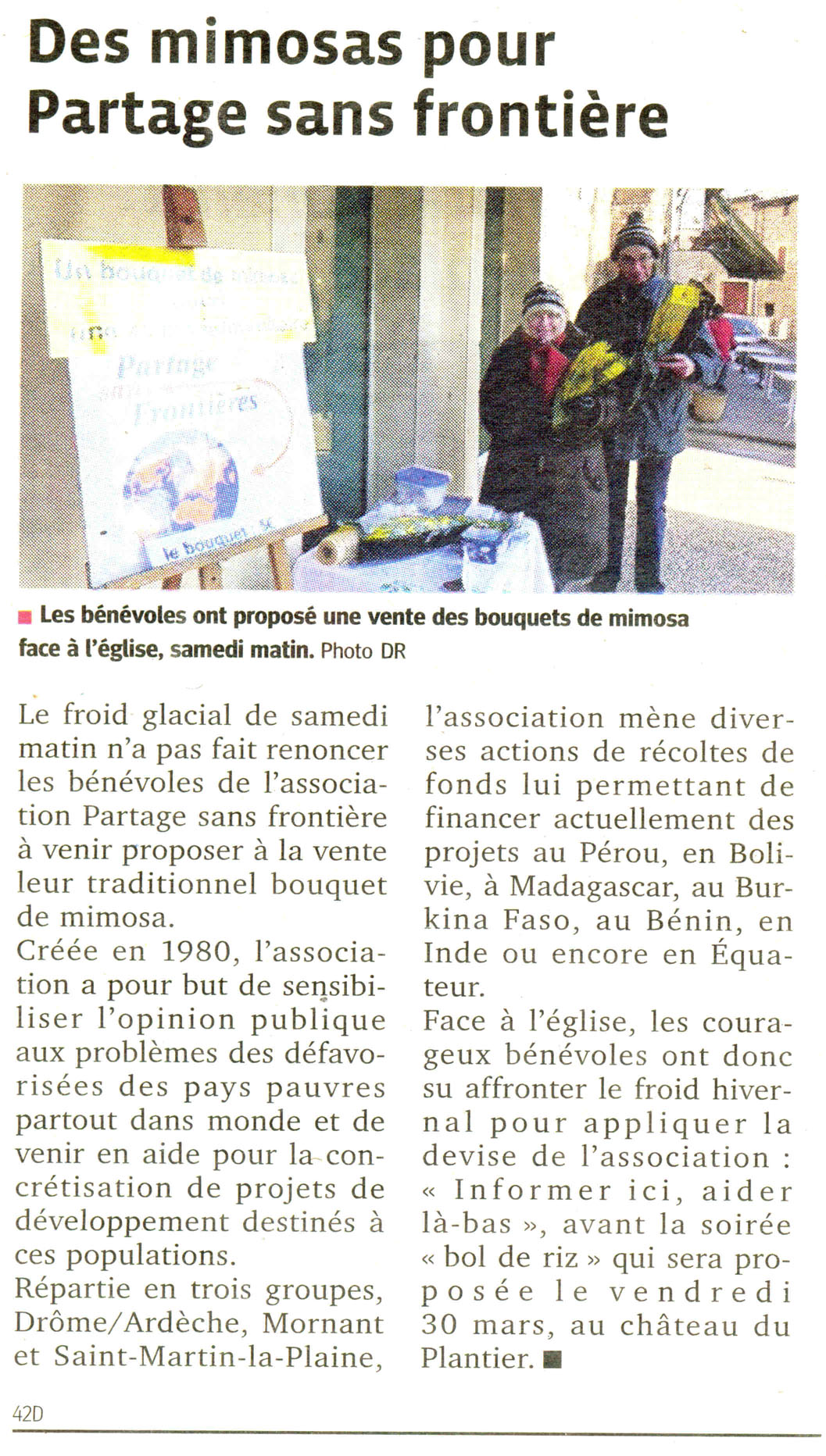 Vente de mimosa &agrave; Saint-Martin la plaine en février 2012, article du Progrès, au profit de Partage sans Frontières