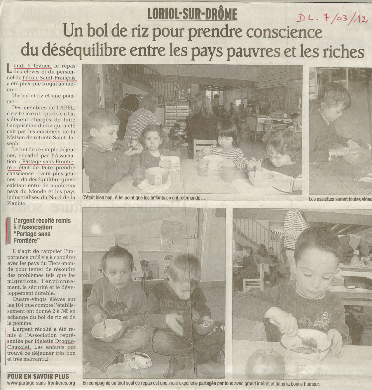 Intervention d'Idelette-Drogue Chazalet dans le cadre du bol de riz de l'école Saint-Fran&ccedil;ois de Loriol sur Dr&ocirc;me, le 06 mars 2012, la presse en parle.