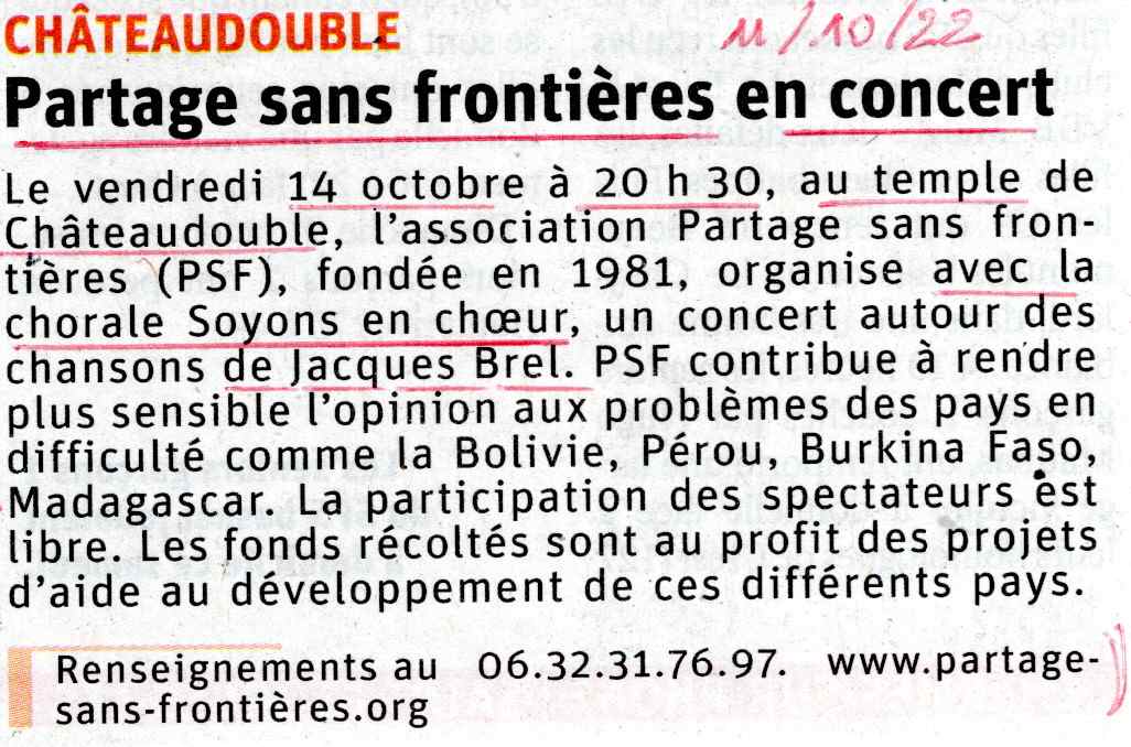 Concert de la chorale 'Soyons en choeur' le 14 octobre 2022 au profit de Partage Sans Frontières au temple de Châteaudouble