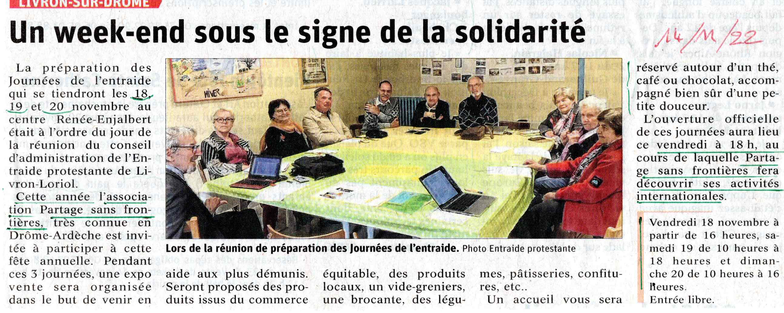 Partage Sans Frontières est invitée par l'Entraide Livron-Loriol pour ses traditionnelles journées les 18,19 et 20 novembre 2022