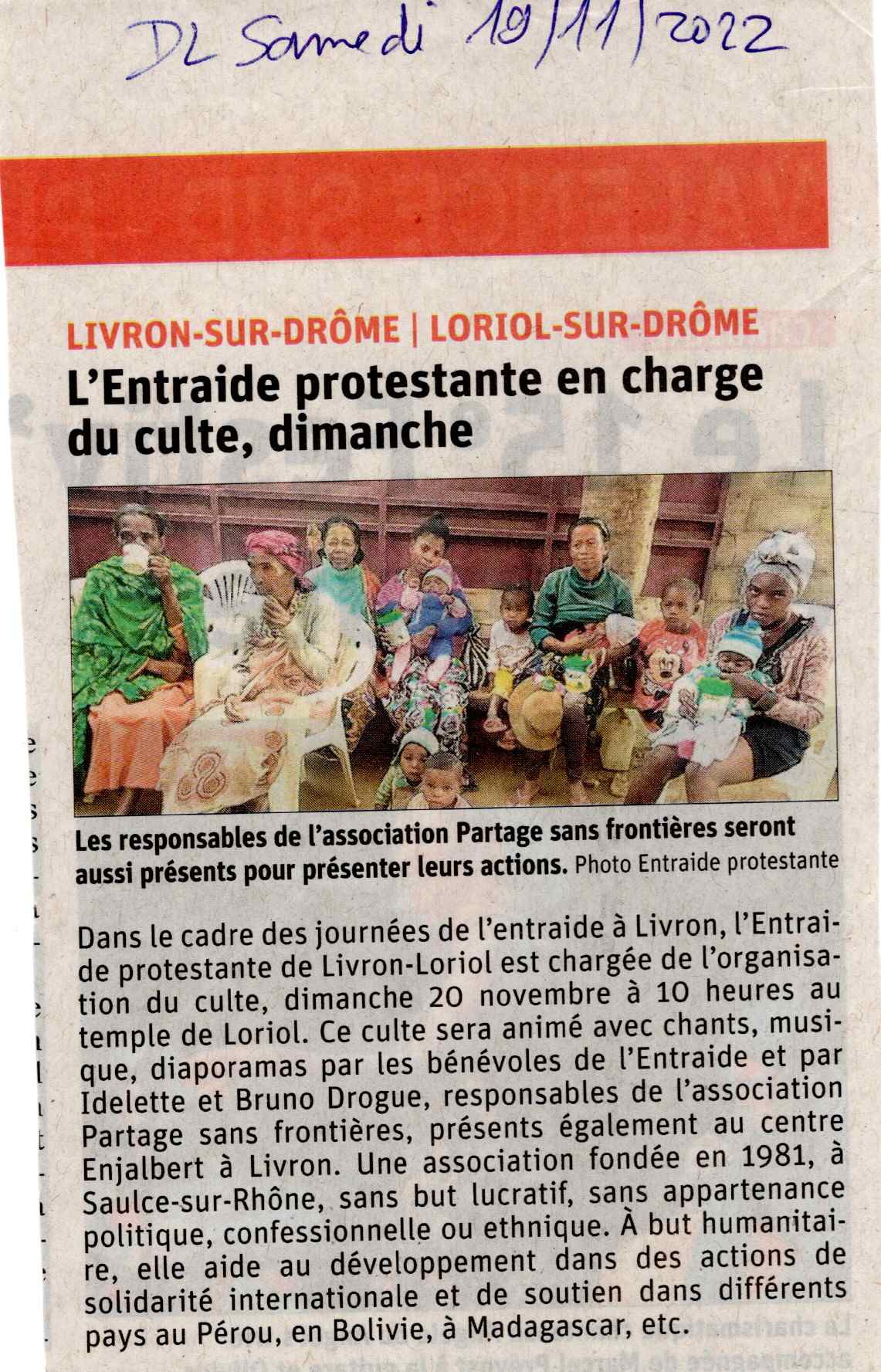 Partage Sans Frontières est invitée par l'Entraide Livron-Loriol pour ses traditionnelles journées les 18,19 et 20 novembre 2022