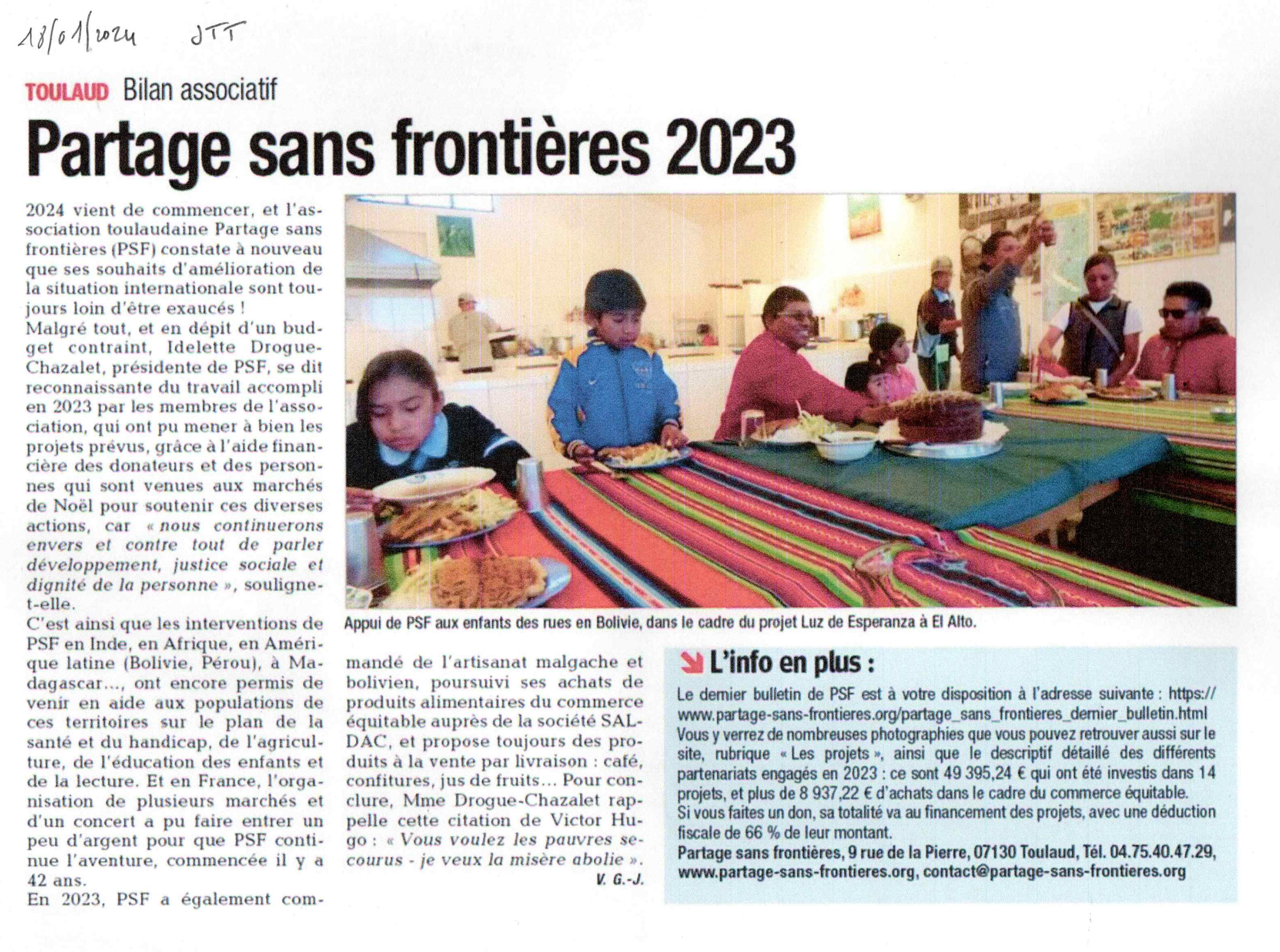 article de presse du journal Tain-Tournon, bilan de l'action de Partage Sans Frontières en 2023