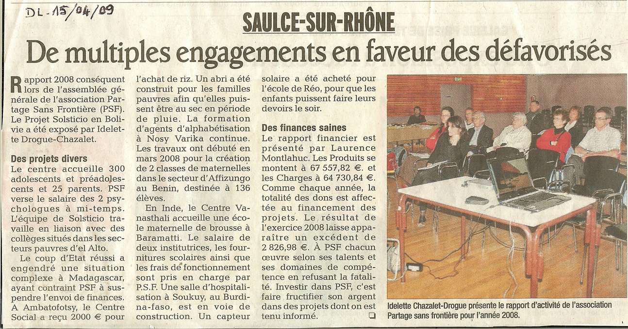 Assemblée générale de Partage sans Frontières en avril 2009 &agrave; saulce sur Rh&ocirc;ne