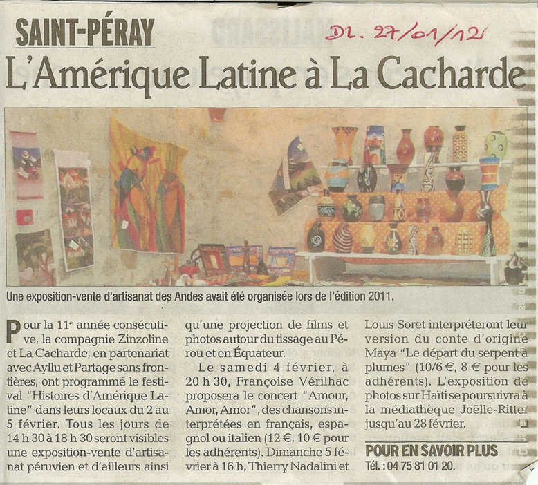 11 eme édition semaine "Histoires d'Amérique latine" de Saint-Péray en ardèche avec l'association Ayllu et Partage sans Frontières - la presse - article du Dauphiné libéré