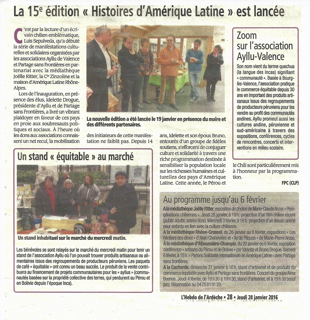 15 eme édition semaine "Histoires d'Amérique latine" de Saint-Péray en ardèche avec l'association Ayllu et Partage sans Frontières - la presse - article du Dauphiné libéré