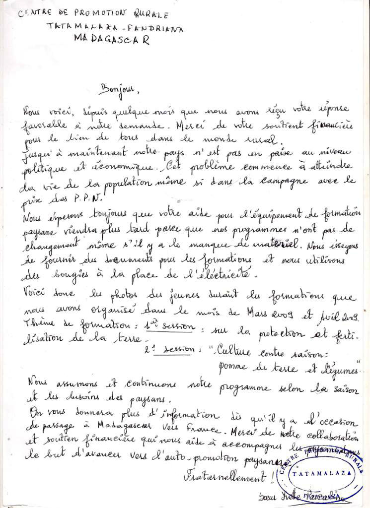 Lettre re&ccedil;ue de Tatamalaza en mai 2009